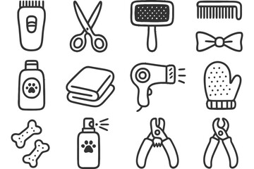 Pet grooming tools and accessories icon set in black and white.