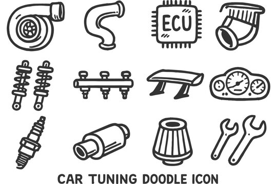 Car tuning doodles: turbo, ecu, spoiler, gauges, exhaust, filter, tools.