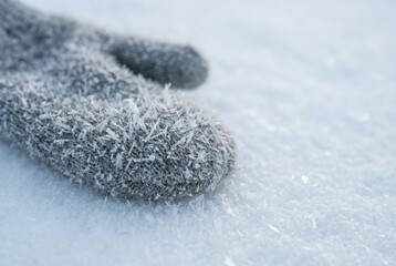 Close-up of Frosted Grey Mitten on Sparkling Snow Crystals