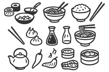 Hand-drawn asian cuisine icons featuring noodles, dumplings, and teapot.