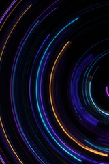 A long exposure photograph. Light painting photography; vibrant multicolour fairy lights in a circle swirl pattern against a black background