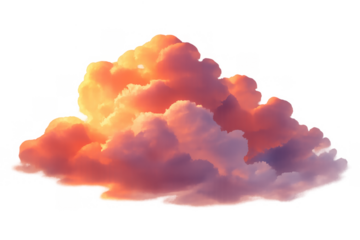 Cumulus cloud at sunset with golden hour light creating vibrant orange and pink colors on transparent background