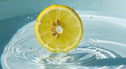 Bright yellow lemon slice captured mid-splash as refreshing water droplets cascade around the citrus fruit in vibrant close up photography
