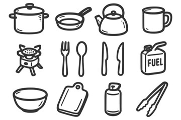 Obraz premium Collection of hand-drawn cooking and kitchen tools.