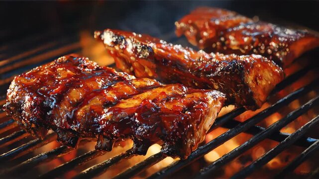 a BBQ grill with perfectly cooked ribs smothered in delicious BBQ sauce ready to be enjoyed A Hyperrealistic painting of barbecue ribs