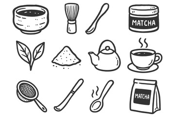 Hand-drawn matcha elements: tea, powder, whisk, teapot, cup, leaves.