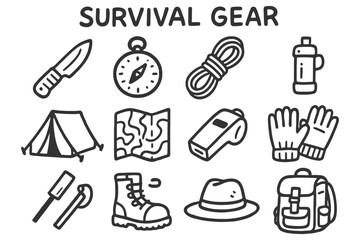Fototapeta premium Essential survival gear icons: knife, compass, rope, tent, map, whistle, gloves, boots, hat, backpack.