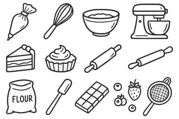 Baking tools and ingredients illustrations: mixer, whisk, flour, cake, pastry.