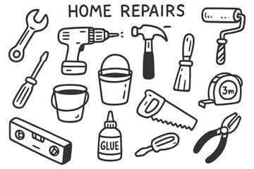 Hand-drawn home repair tools set with drill, hammer, saw, wrench, and more.
