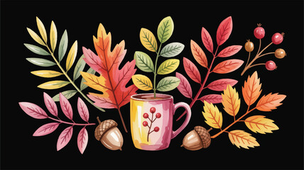 Colorful autumn leaves and acorns with a mug