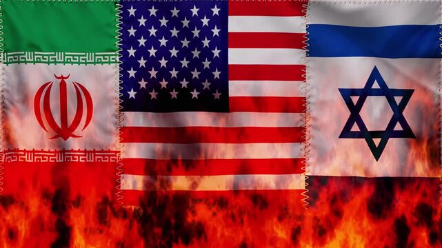 Iran, USA, Israel flags waving in the wind and burning on fire. Animation concept : war, armed conflict, national relationship, strategic negotiations