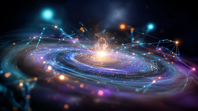 Cinematic abstract artwork of a spiral galaxy formed from neural connections and flowing binary streams, glowing blue, purple, emerald, and orange tones, consciousness and data fus