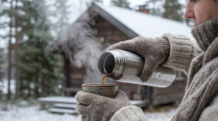 Women enjoy warm tea during sauna ritual in forest cabin while snow covers the ground