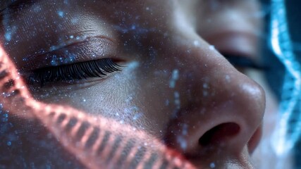 a womans face with a futuristic interface displayed in the background Virtual reality visualization of the human genome - Powered by Adobe