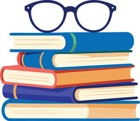 Stack of colorful books with glasses on top for learning and reading