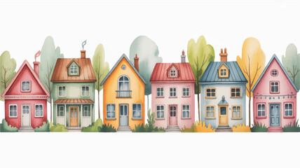 colorful houses in a row with trees and bushes on white background
