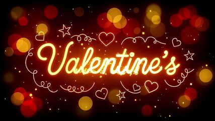 Valentine’s Day animation with glowing cursive text, decorative hearts, stars and festive bokeh background
