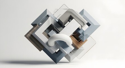 Abstract composition featuring layered three dimensional geometric shapes made from various materials like concrete wood and clear glass floating softly in a minimalist setting