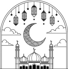 Islamic Architecture Illustration Featuring Mosque Minarets Crescent Moon Hanging Lanterns and Clouds in a Decorative Arched Frame Style