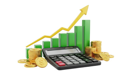 Financial growth represented by graph and coins isolated on transparent background
