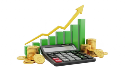 Financial growth represented by graph and coins isolated on transparent background