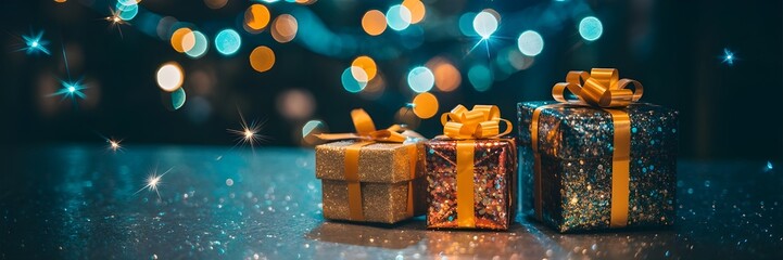 Three gift boxes on a sparkly surface with colorful bokeh lights