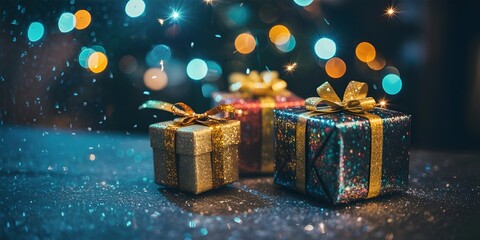 Golden christmas presents on snowy night with colorful lights