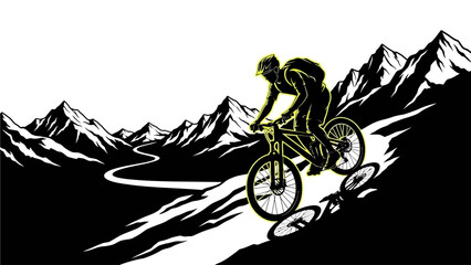 Mountain biker riding down steep trail with snow-capped mountains © Thamseer