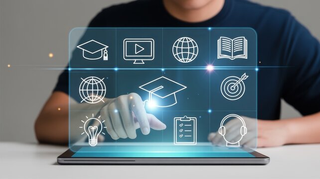 e-learning concept. learning icon, library on the internet website. concept of lesson learning e-book training digital online. course education in webinar technology