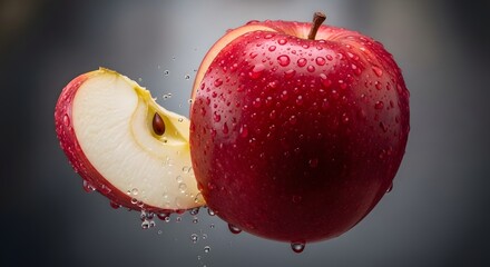Refreshing close-up of a vibrant crimson red apple covered in glistening condensation droplets next to a perfectly cut, juicy slice revealing the crisp white interior and a visible brown seed