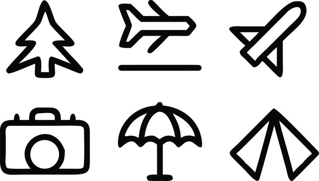Travel and vacation themed icons including airplane camera umbrella and pine tree