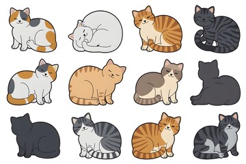 Collection of 12 diverse cat illustrations in various colors and patterns