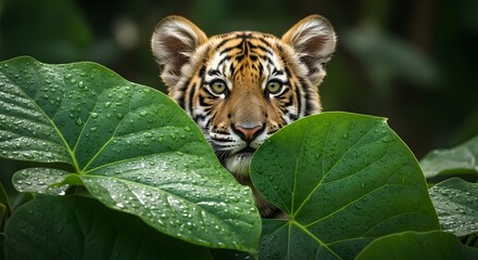 Adorable tiger cub peeking cautiously from behind large, wet jungle leaves in a vibrant close up wildlife portrait