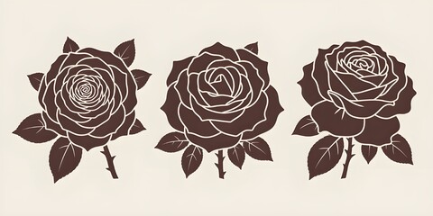 Three dark brown roses with white outlines on cream background