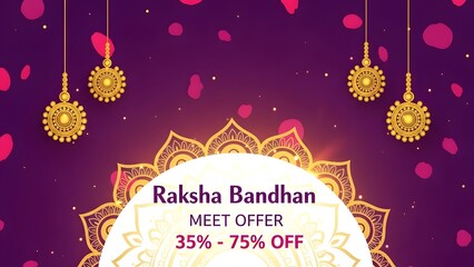 Elegant raksha bandhan greeting with golden ornaments and a festive purple background