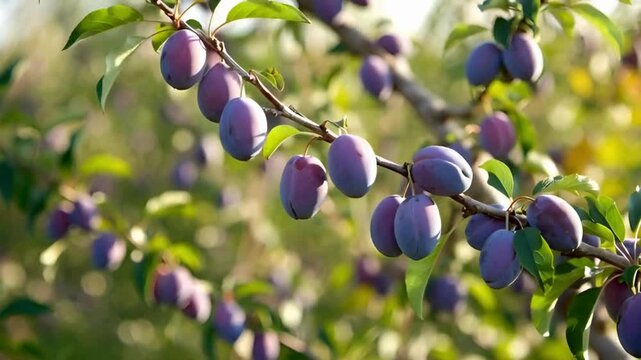Vibrant plums in full maturity on a sun-kissed tree branch. The fruit, with its deep hues, hangs heavy, showcasing the abundance of a summer harvest.