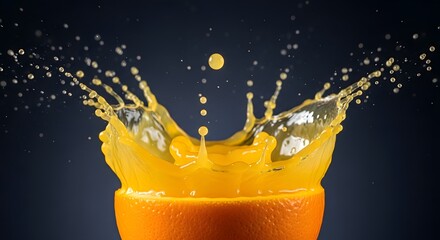 Vibrant orange juice splashing dynamically from the top of a fresh citrus fruit half capturing peak motion against a dark backdrop