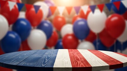 Patriotic celebration with red white and blue balloons and american flag table
