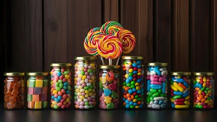 Colorful candies in jars with a large lollipop on top