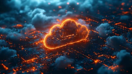 Cloud Technology: An artistic depiction of the cloud, illuminated in striking colors, hovering above a digital cityscape, representing the power and connectivity of technology. - Powered by Adobe