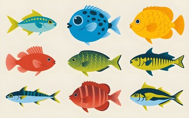 Vibrant school of fish on beige background