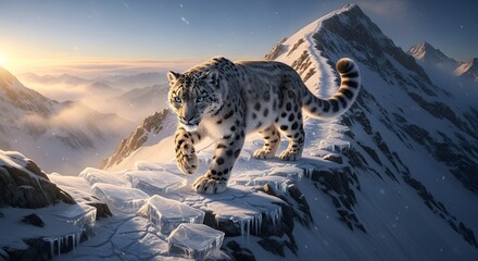 Majestic snow leopard with striking blue eyes carefully traverses a narrow, icy ridge high above a vast, foggy mountain range during sunrise