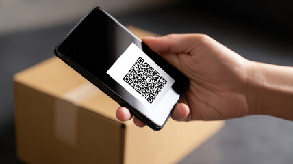 A hand holding a smartphone with a QR code on the screen is scanning it over a cardboard box in this image from .