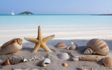 Seashells and starfish on a sandy beach with a clear blue ocean
