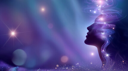 Faceless female silhouette connected to the cosmos, purple stream of consciousness rising from the crown chakra, minimal abstract background, soft gradients, defocused atmosphere, 