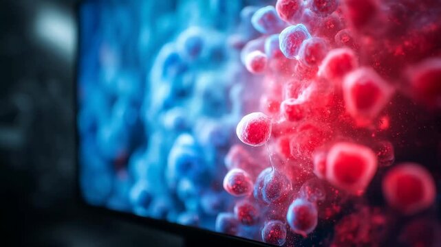 A computer screen showcasing a vivid red and blue image depicting contrasting colors in a technological display Conceptual of computer virus attacking a system