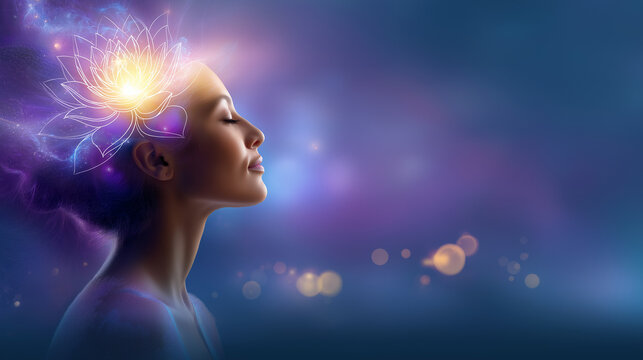 Faceless spiritual woman in purple tones, lotus symbol glowing at the crown chakra, transcendence and universal connection, minimal abstract background, soft blur, with copy space