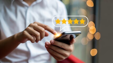 User give rating to service experience on online application, Customer review satisfaction feedback survey concept, Customer can evaluate quality of service leading to reputation ranking of business
