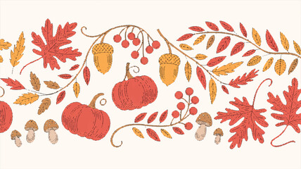 fall leaves and pumpkins on beige background