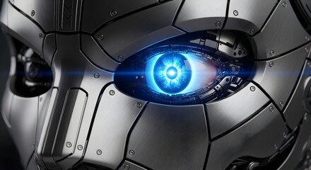 Extreme close up of a sophisticated metallic android face focusing intensely with a piercing glowing blue artificial intelligence eye on a dark background